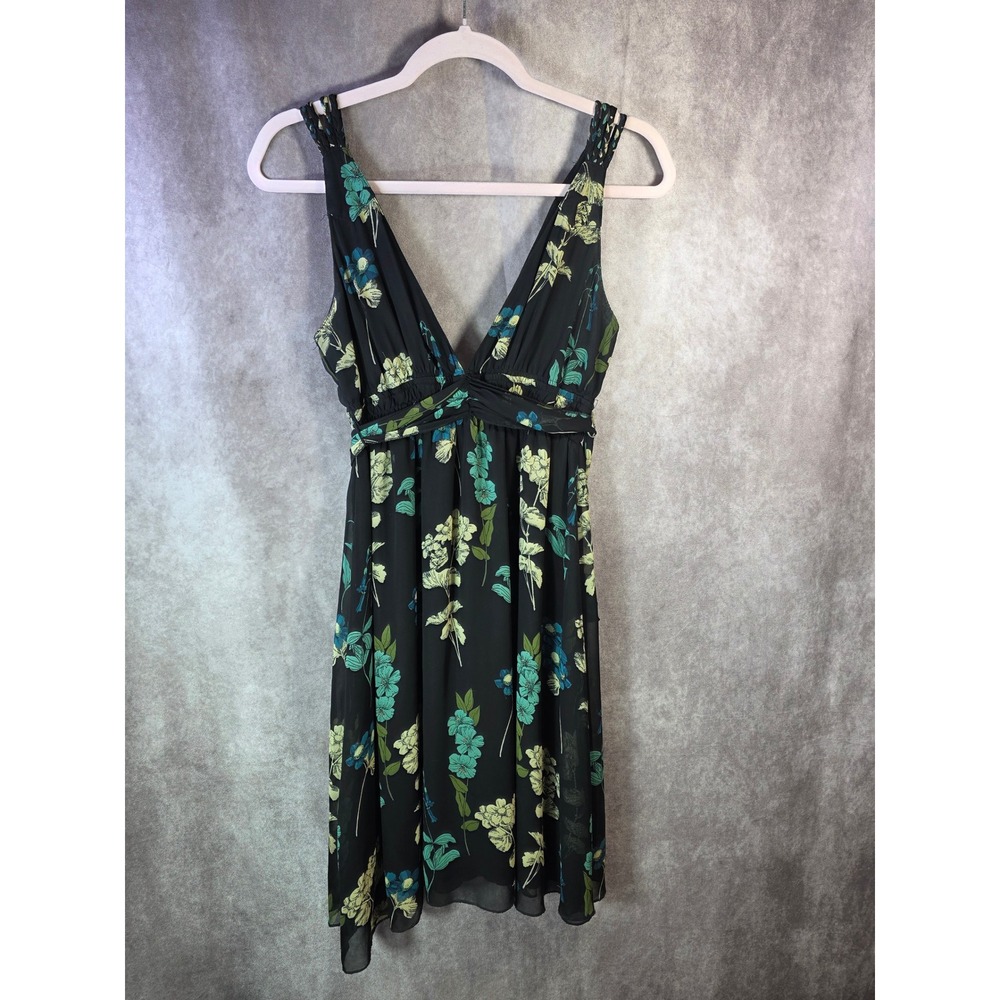 Twenty One Floral V-Neck Mini Dress Black Teal Blue Braided Straps Size M